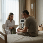 Patient während eines medizinisch begleiteten Alkoholentzugs im Gespräch mit einer Ärztin