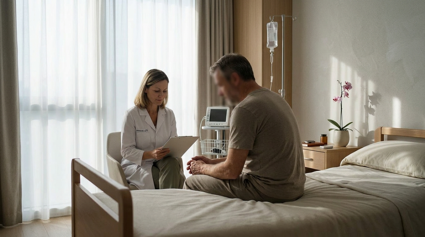 Patient während eines medizinisch begleiteten Alkoholentzugs im Gespräch mit einer Ärztin